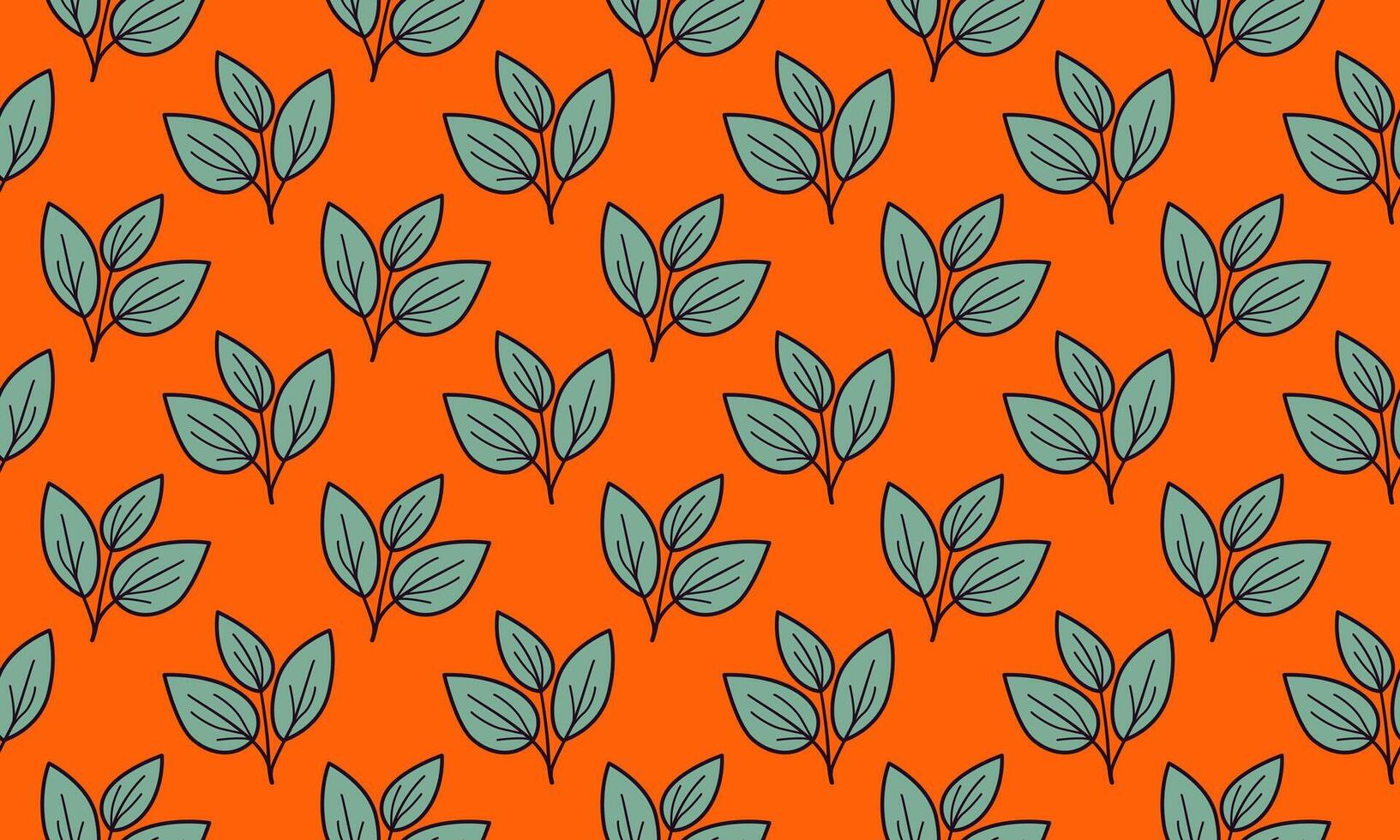 Vibrant orange background adorned with a repeating pattern of stylized teal leaves. vector