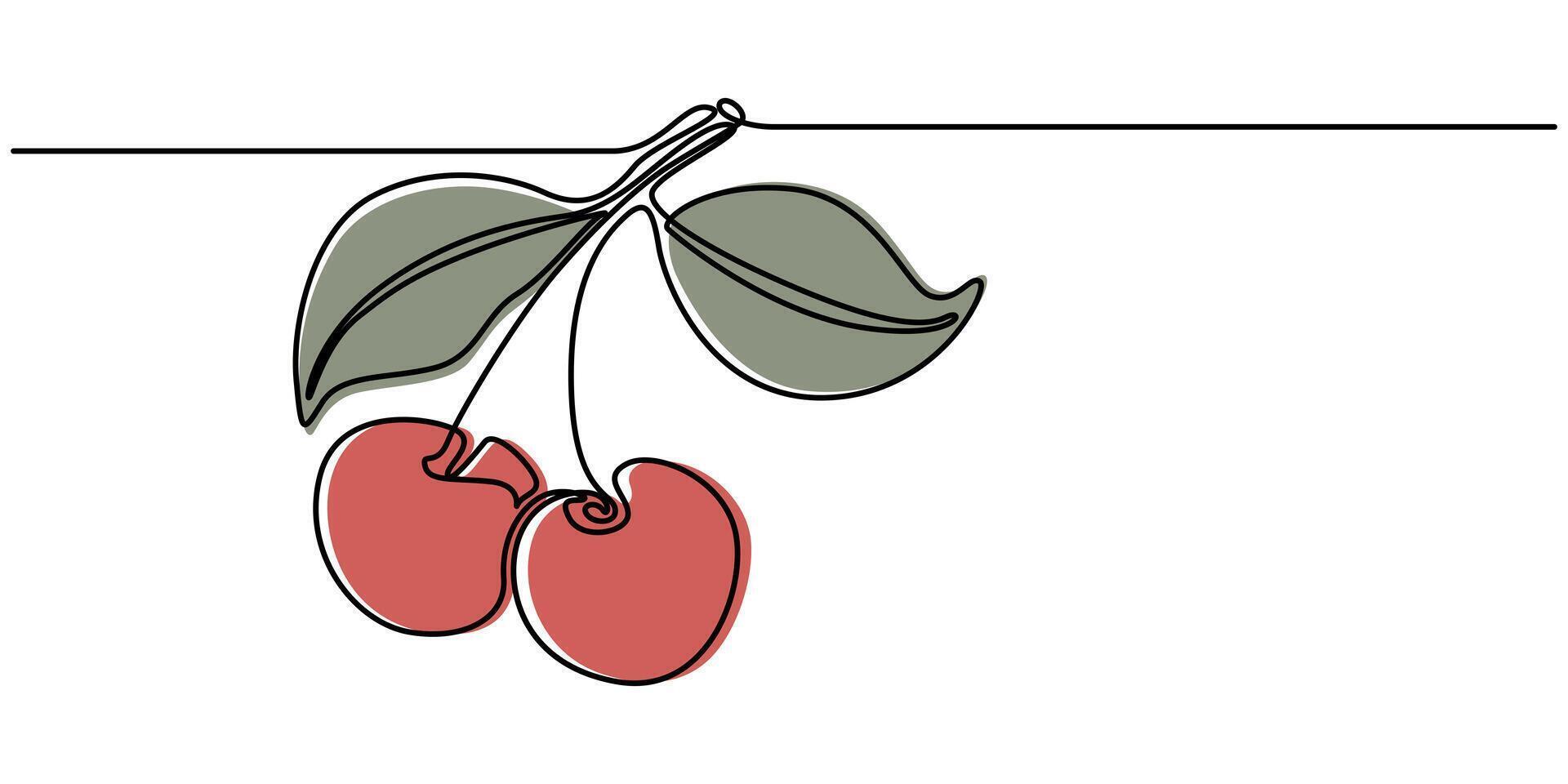 Continuous One Line Drawing of Cherries. Minimalist Black Contour Fruit Illustration isolated on white background vector