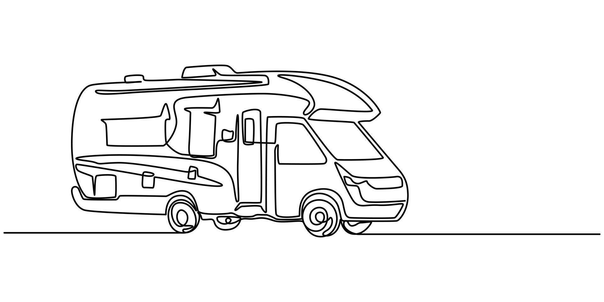 Camper trailer in continuous line art drawing style. Caravan recreational vehicle black linear vector