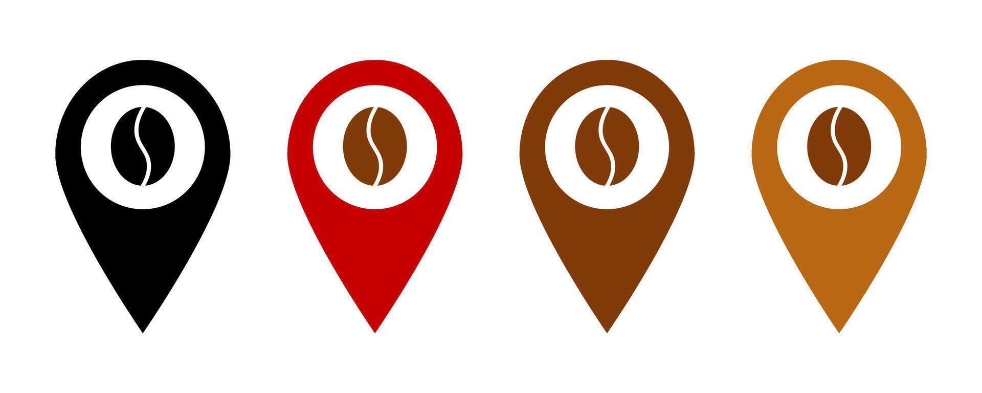 Coffee bean icons in black, red, brown, and orange pin shapes. vector