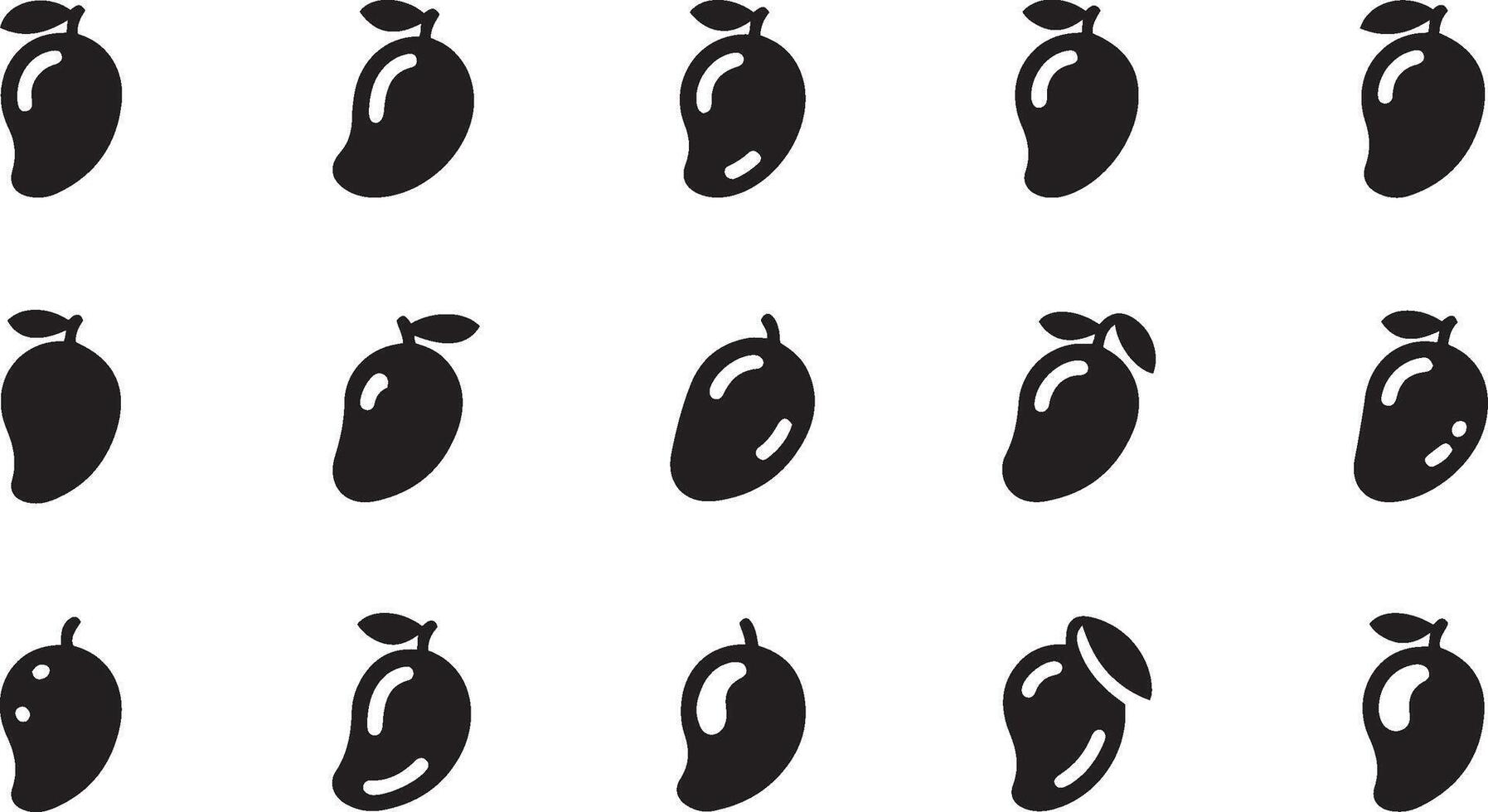 Mango icons, black silhouettes, simple design, minimalist fruit symbols, repeating pattern, graphic illustration, clean lines, stylized leaf details vector