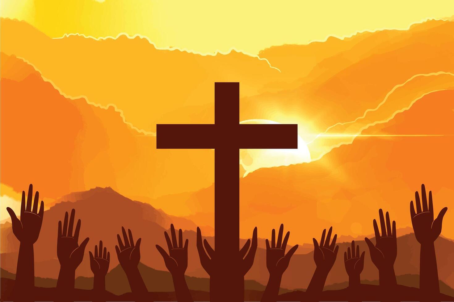 Silhouettes of people raising hands toward spiritual light. large cross visible vector