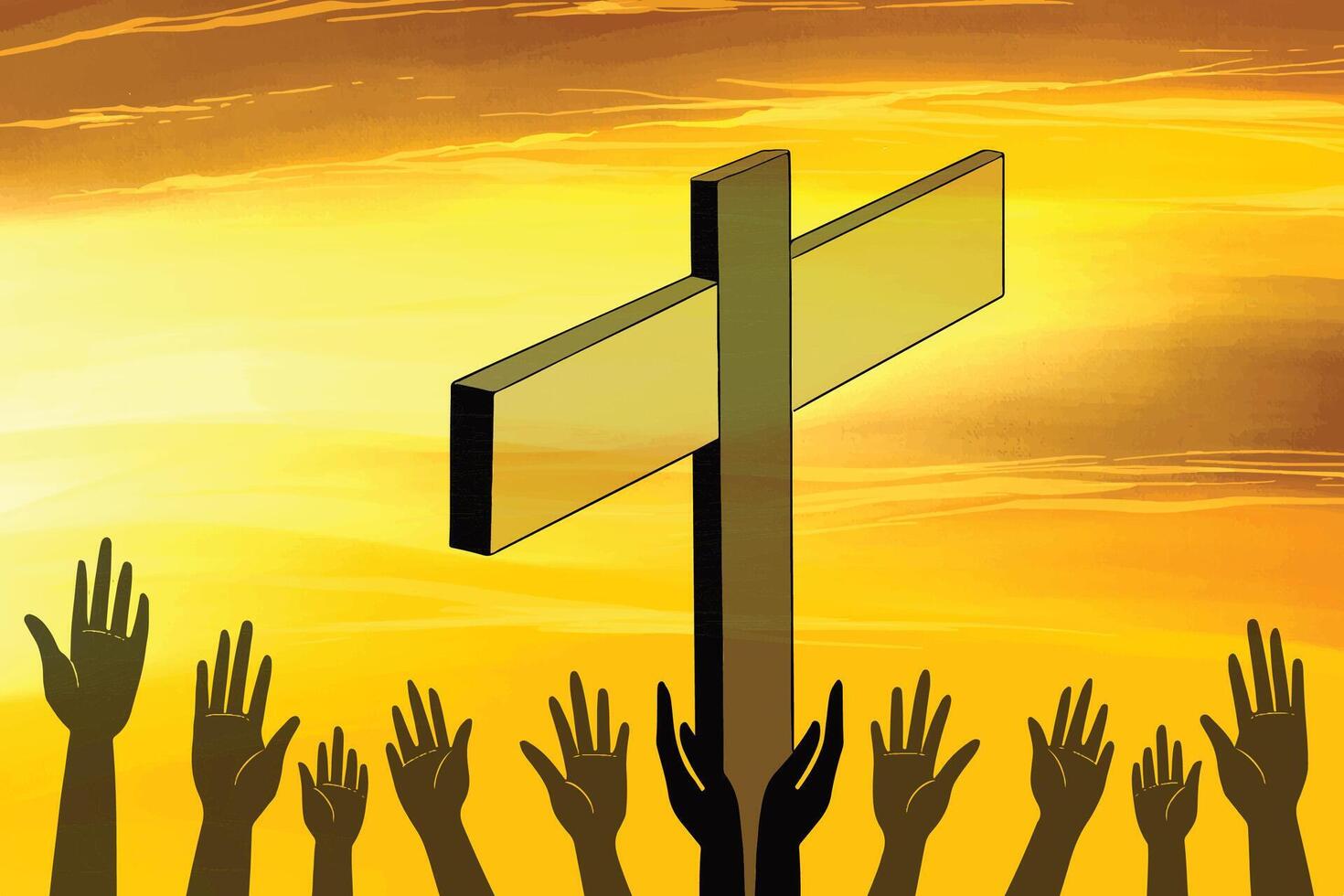 Silhouettes of people raising hands toward spiritual light. large cross visible background vector