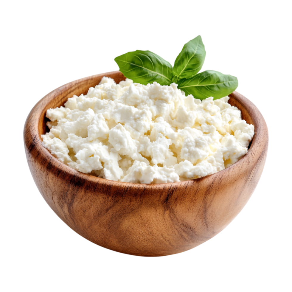 a cottage cheese in a wooden bowl on a transparent background png