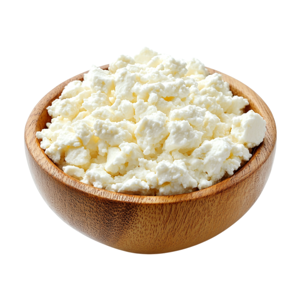 a cottage cheese in wooden bowl on a transparent background png
