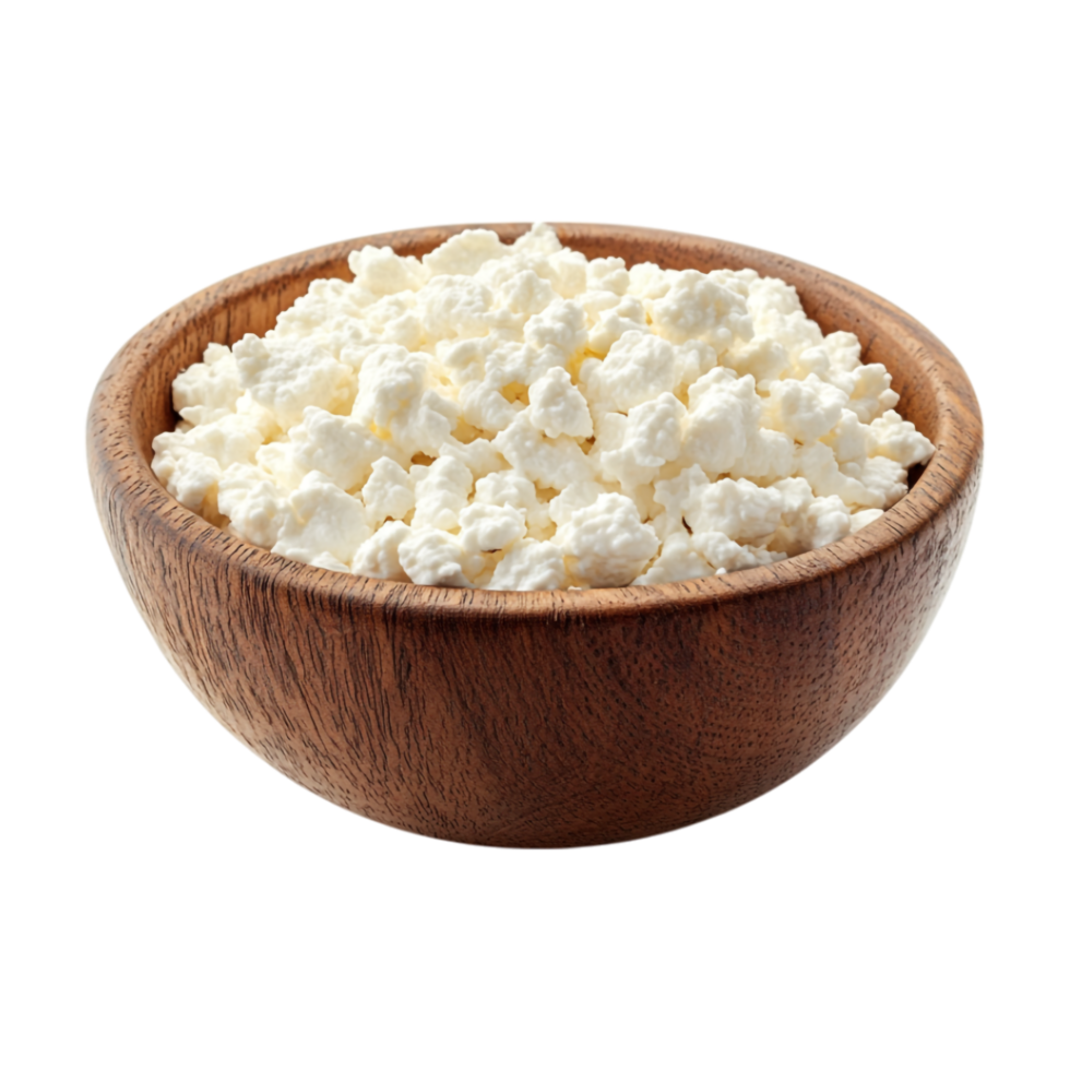 cottage cheese in wooden bowl on a transparent background png