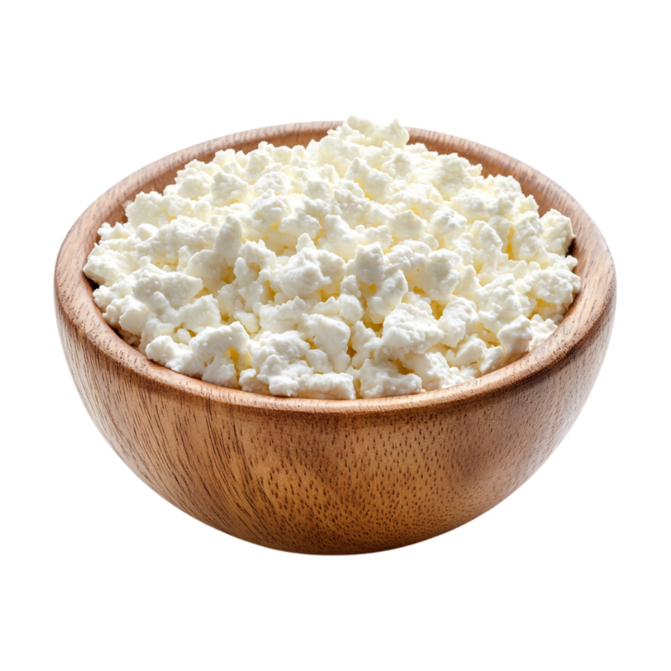 cottage cheese in a wooden bowl on a transparent background png