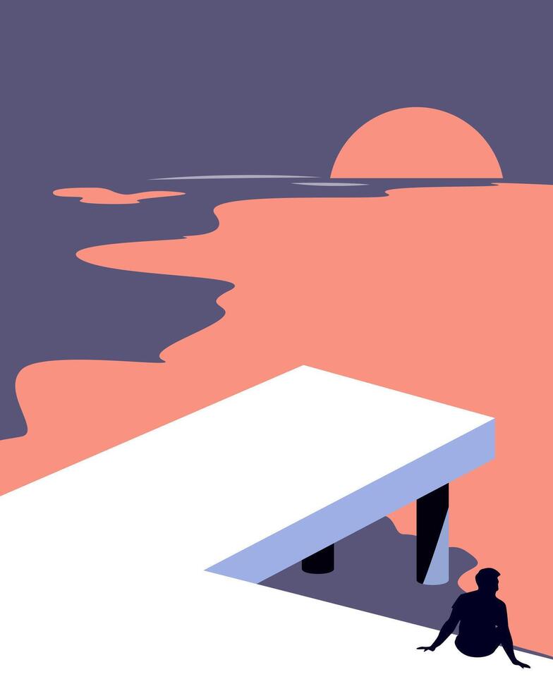 background image. man sitting on the seashore. white pier and red sunrise and sunset. Picture for poster, wallpaper. covers, splash screens, picture with space for text, motivational pictures vector