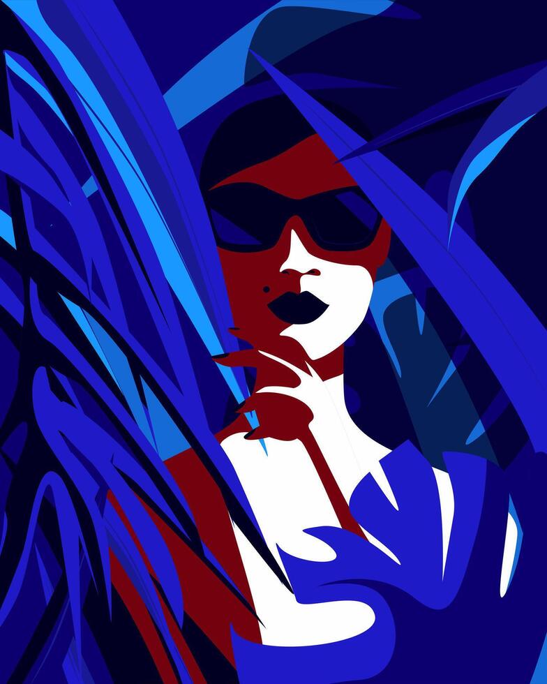 girl in dark room, beautiful woman with moonlight in palm branches. Beautiful illustration for poster, background picture, screensaver hand drawn vector