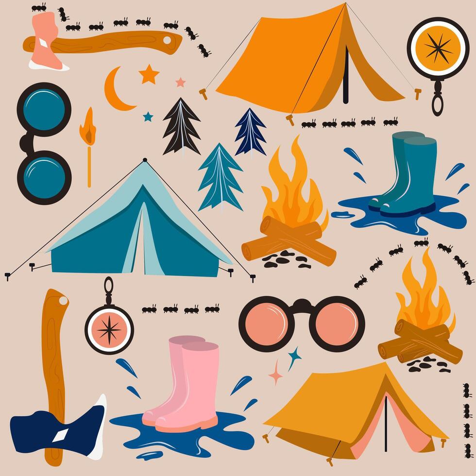set of camping elements, Set of colorful illustrations camping, Icons and logos on the theme of recreation in the forest. Active recreation in tents, kindling a fire, an axe. Emblems, logos, stickers vector