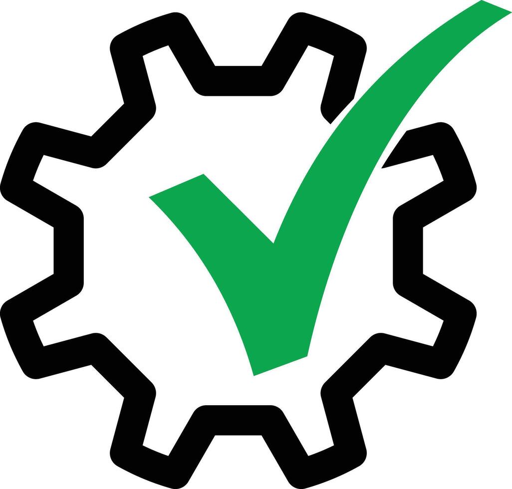 checkmark in gear icon. icon in modern style. green checkmark. Abstract technical illustration on white background. vector