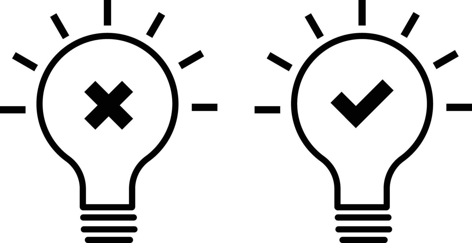 Light bulbs with check and cross marks, black and white icon , decision-making concept. design in modern style. Editable stroke. vector