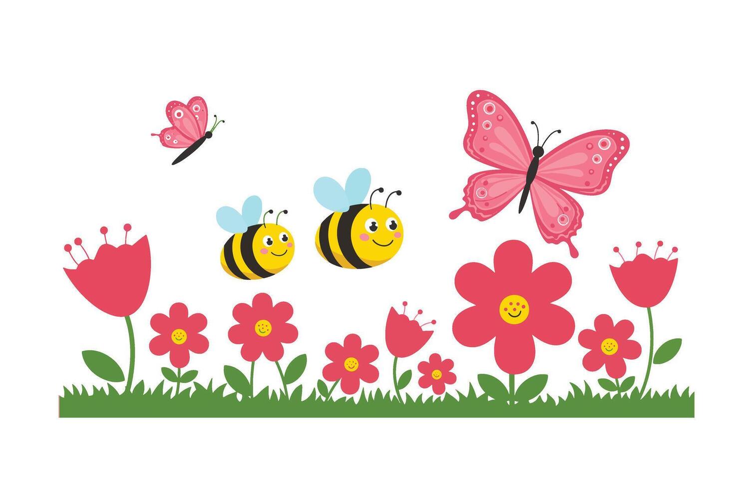 Beautiful Spring Garden with Bees and Butterflies Flying Around Flowers vector