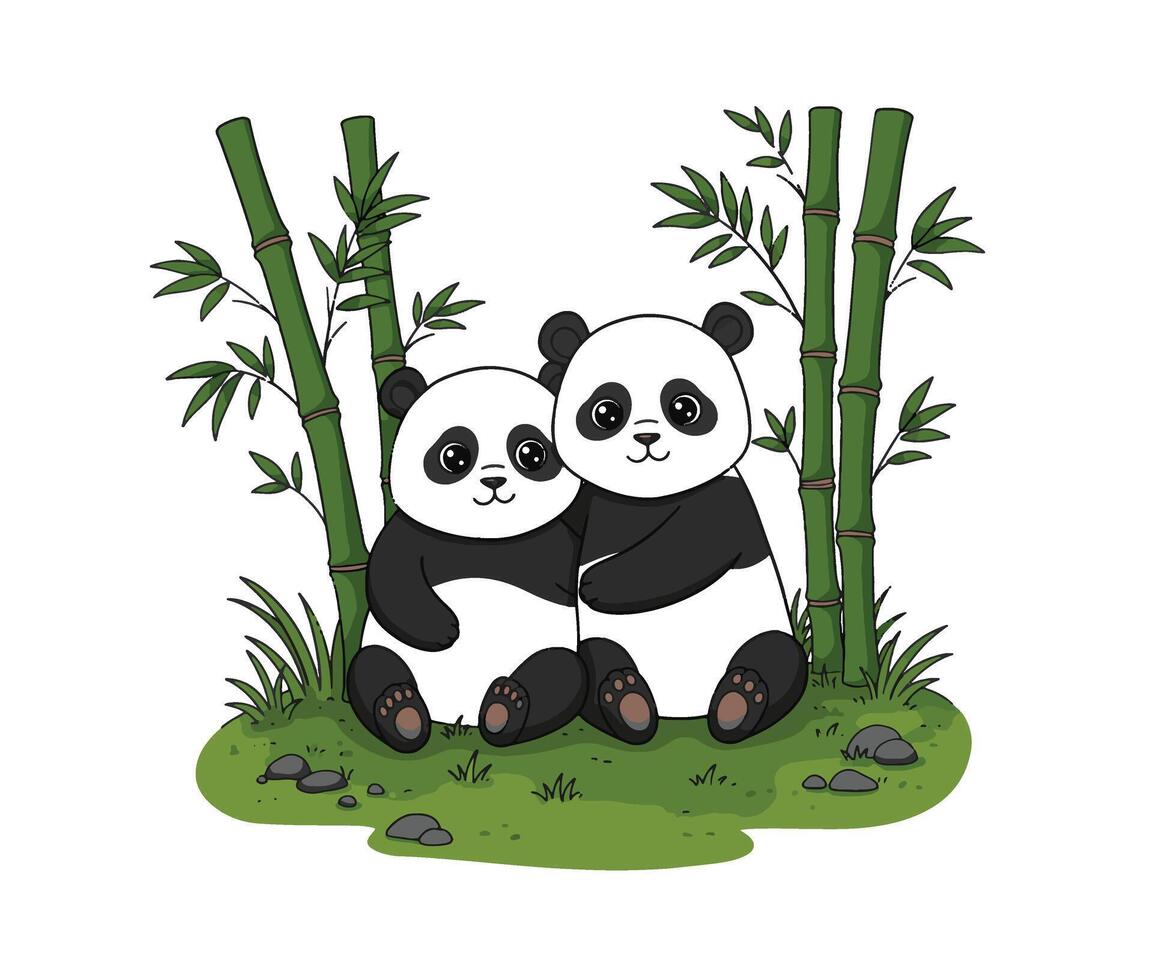Cozy panda friendship concept digital painting with bamboo and nature vibes vector