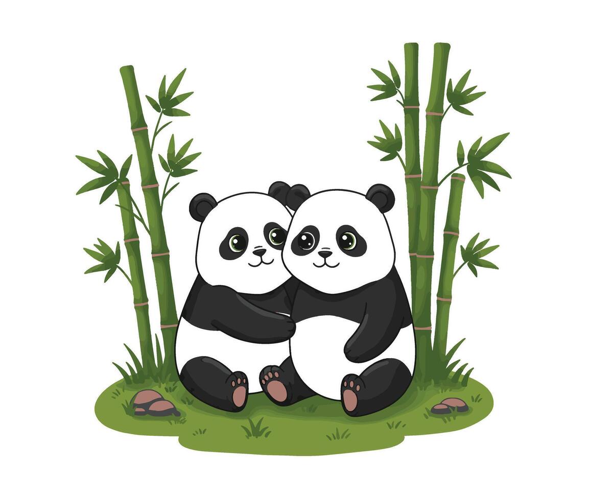 Smiling panda pair showcasing love and friendship in a bamboo-themed artwork vector