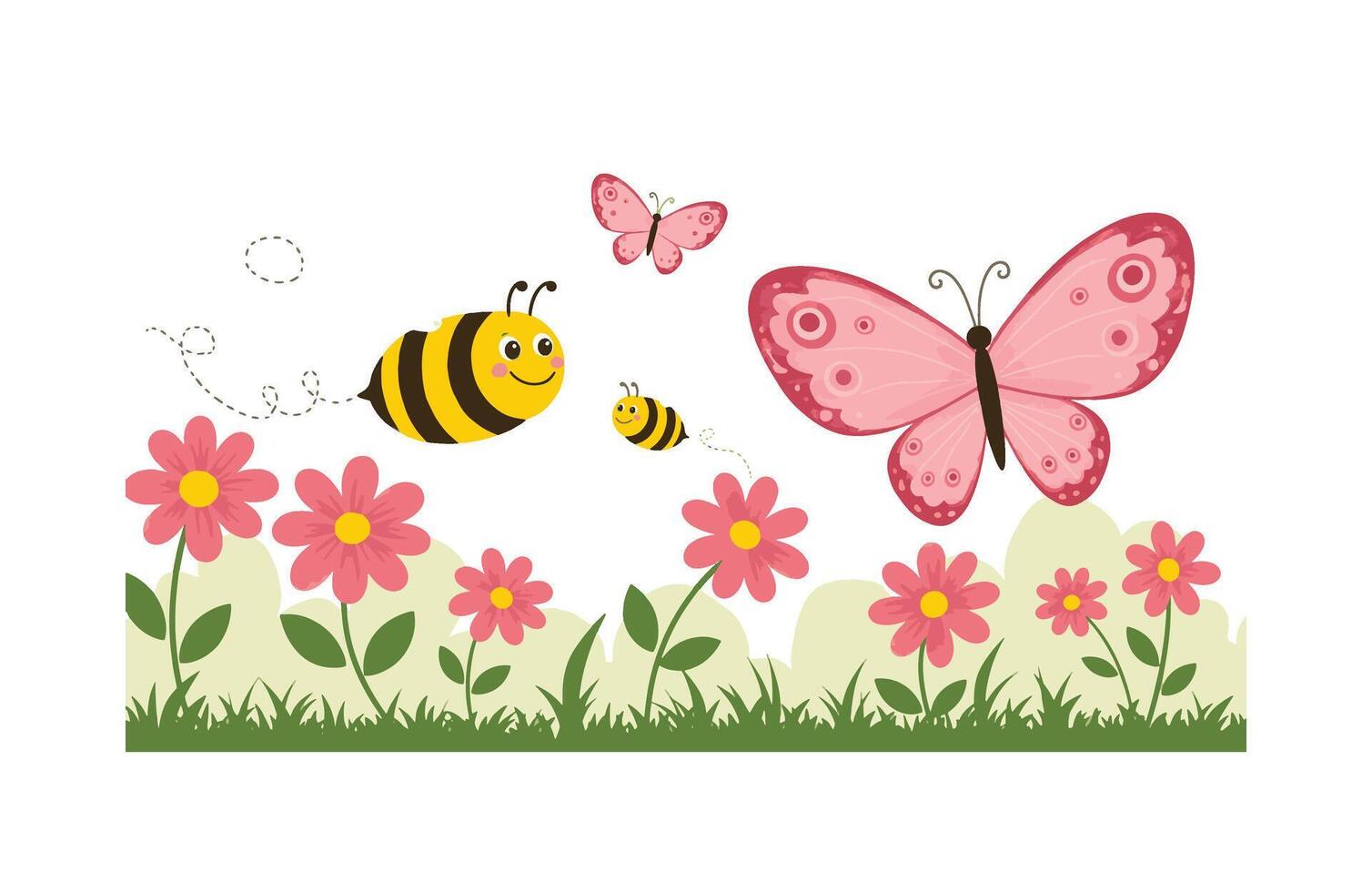 Cute Bees and Butterflies Flying Joyfully Over a Flower Patch vector