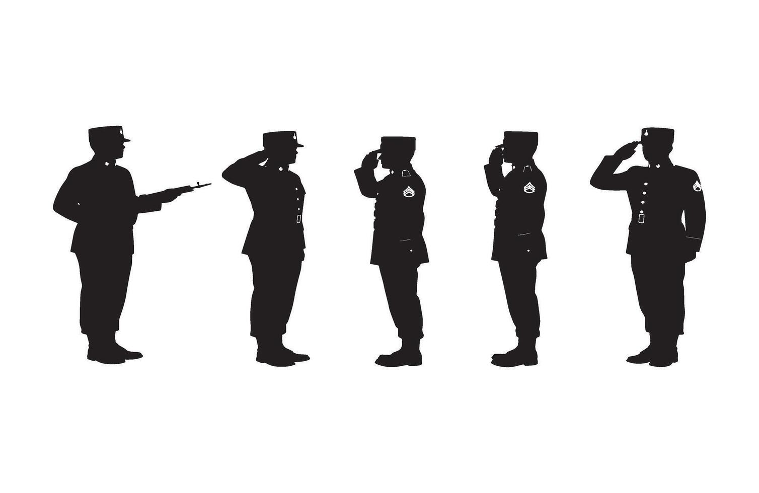Black and gold military silhouette showcasing officers saluting in different stances vector