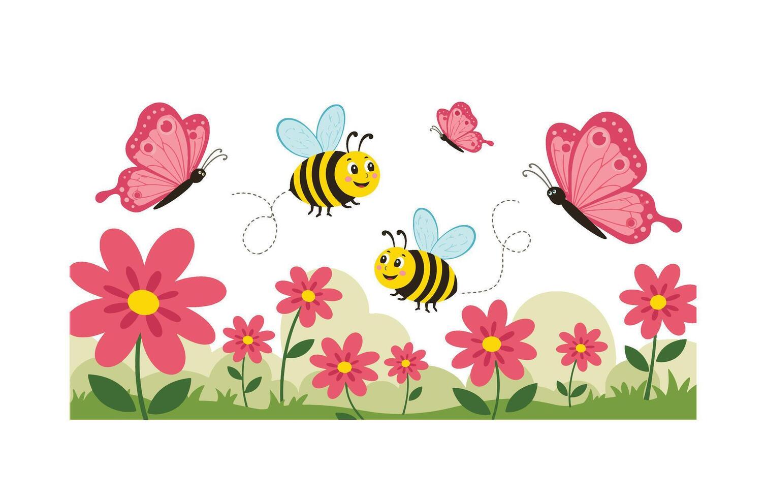 Bright Summer Flowers with Buzzing Bees and Elegant Butterflies vector