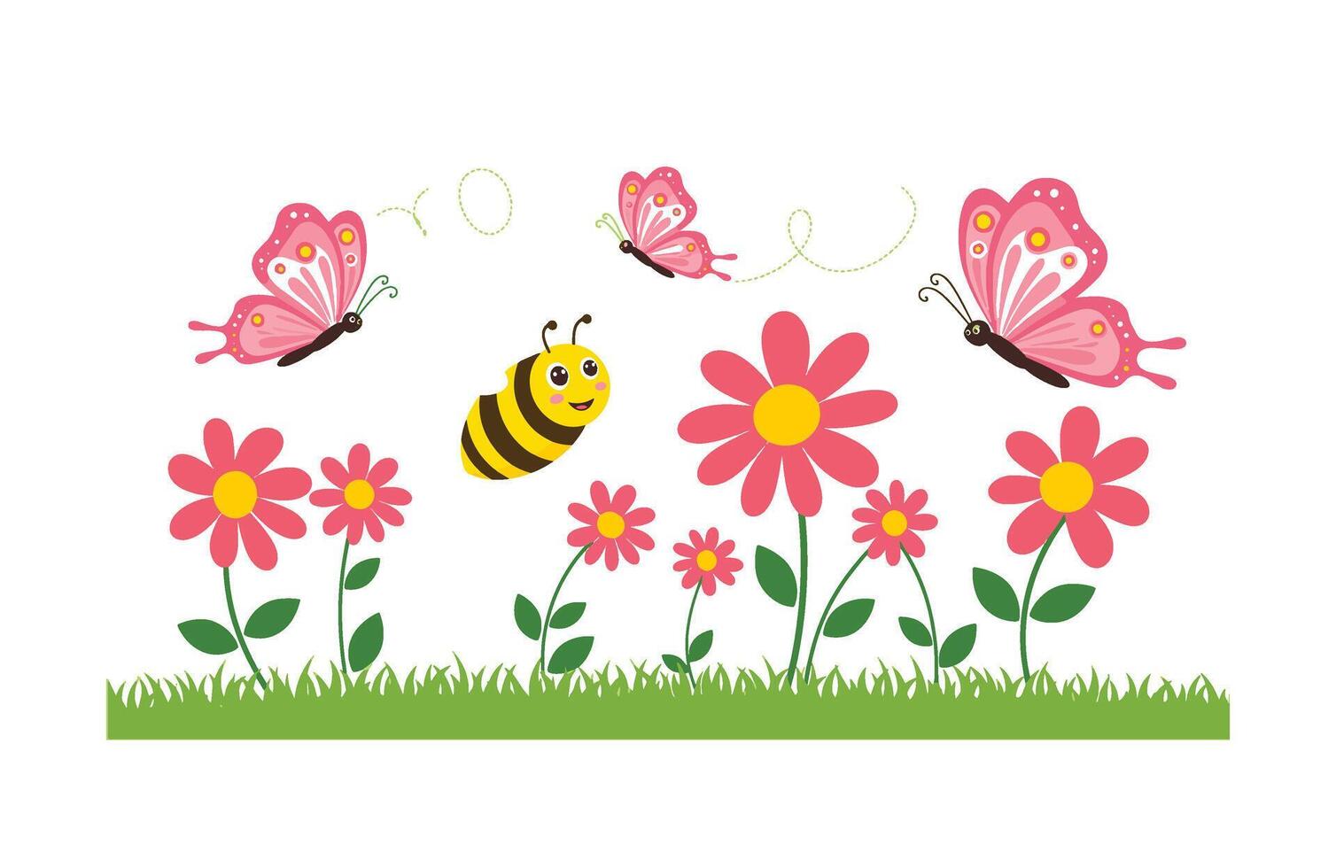 Happy Cartoon Bees and Butterflies in a Whimsical Floral Wonderland vector