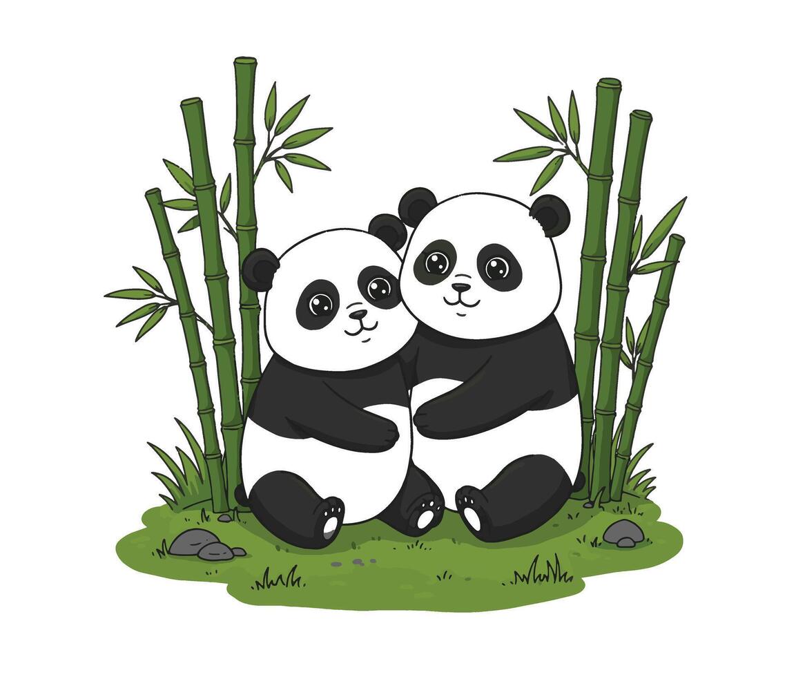 Expressive panda faces filled with joy in a beautiful bamboo landscape art vector