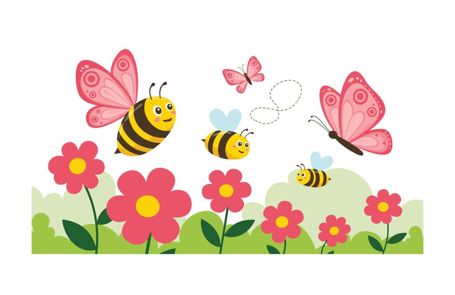 Animated Spring Landscape with Pollinators and Blooming Flowers vector