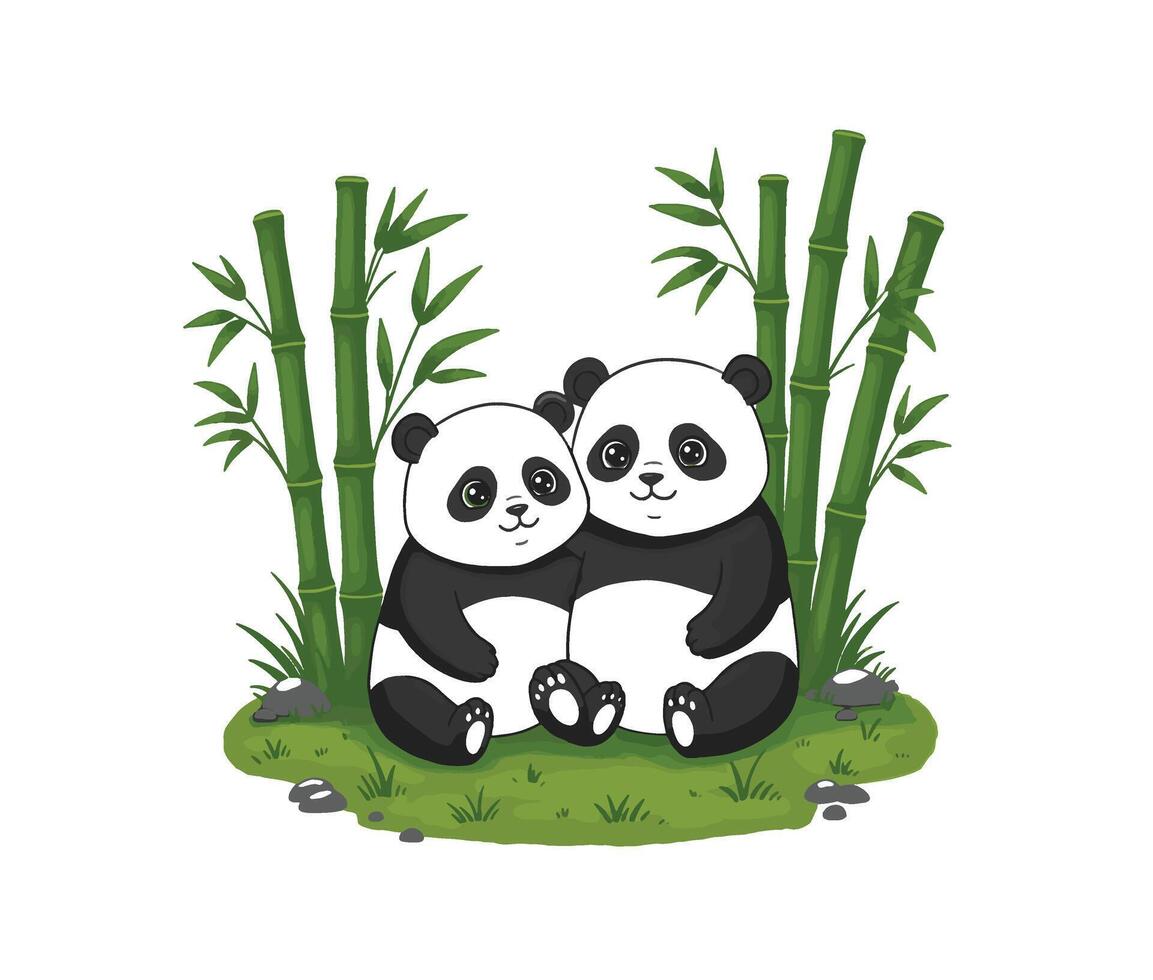 Panda pair resting in green bamboo garden wildlife design vector