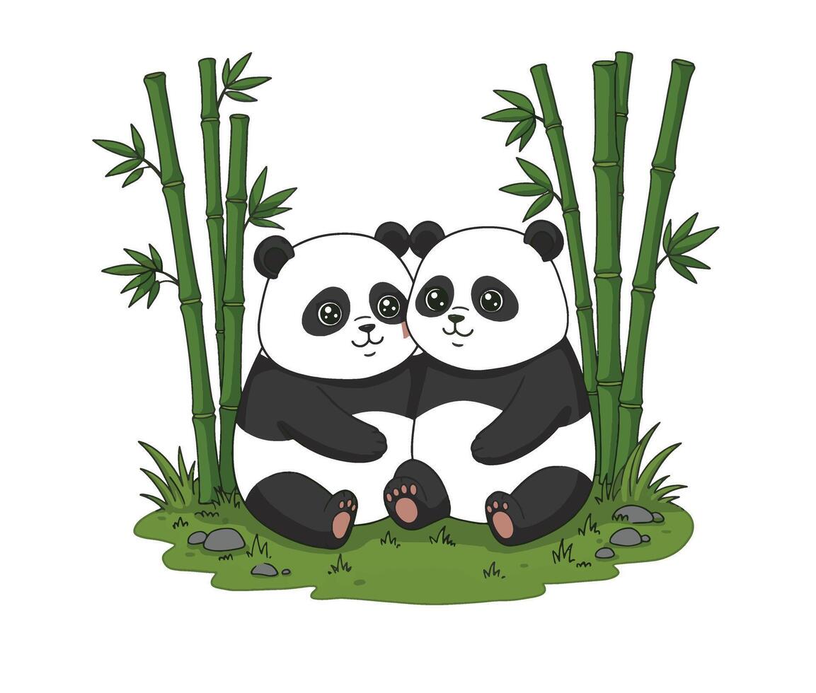 Cute cartoon pandas sitting in a bamboo garden heartwarming wildlife illustration vector