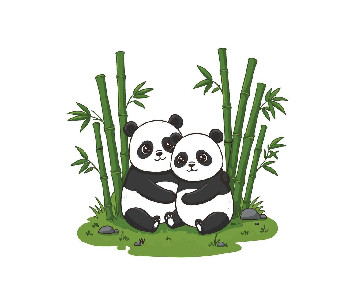 Bamboo jungle scene featuring two happy pandas enjoying nature together vector