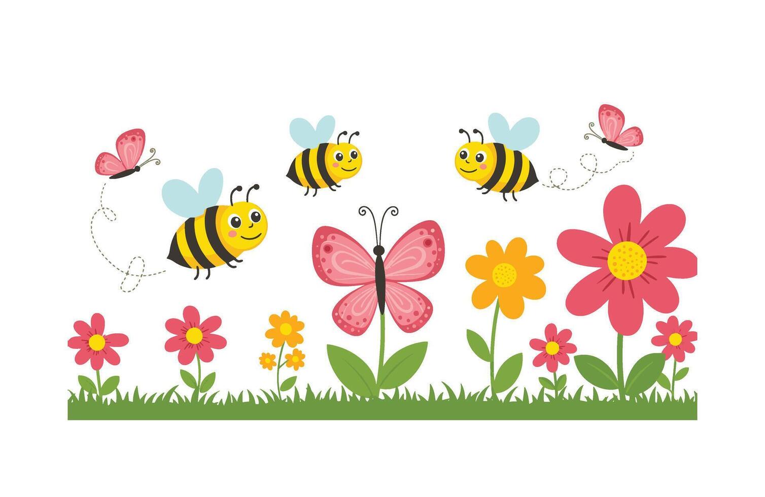 Butterflies and Bees Working Together in a Peaceful Spring Garden vector