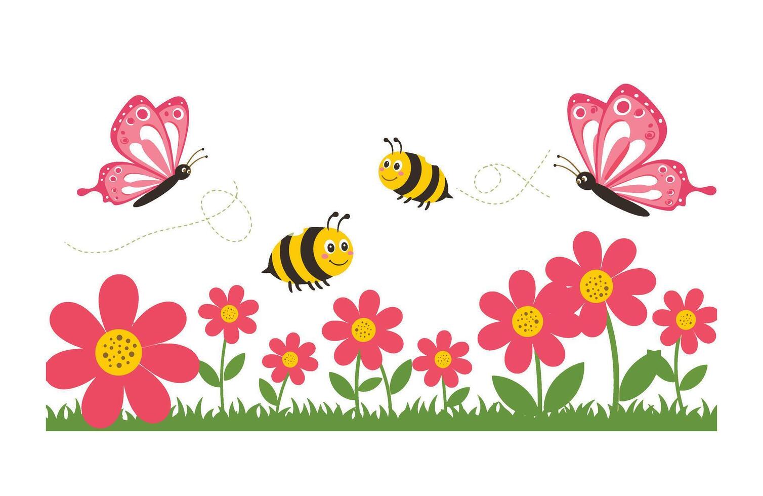 Peaceful Garden Scene with Pink Flowers Bees and Fluttering Butterflies vector