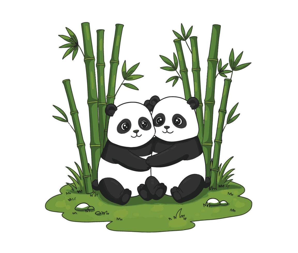 Cute baby panda illustration capturing an affectionate moment in a bamboo grove vector
