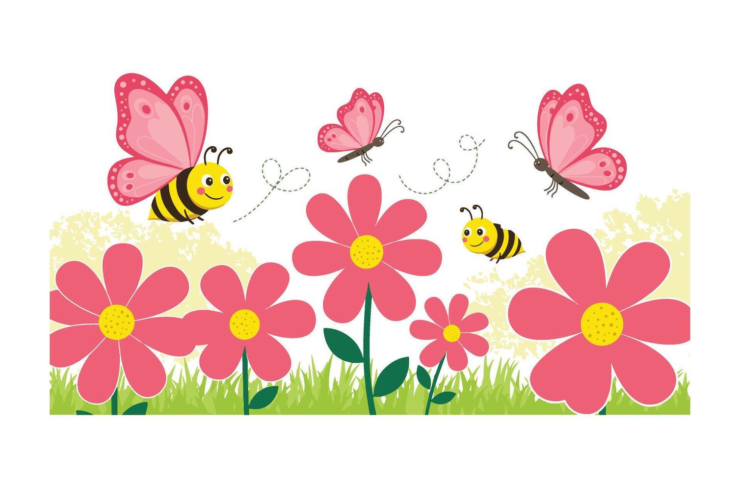 Cheerful Butterflies and Smiling Bees Enjoying a Beautiful Flower Field vector