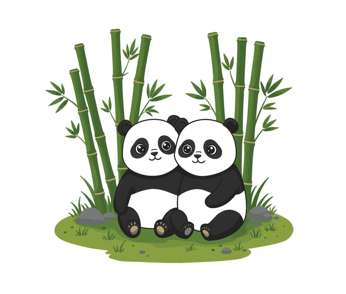 Kawaii-style cute panda duo in a friendly bamboo forest hand-drawn illustration vector