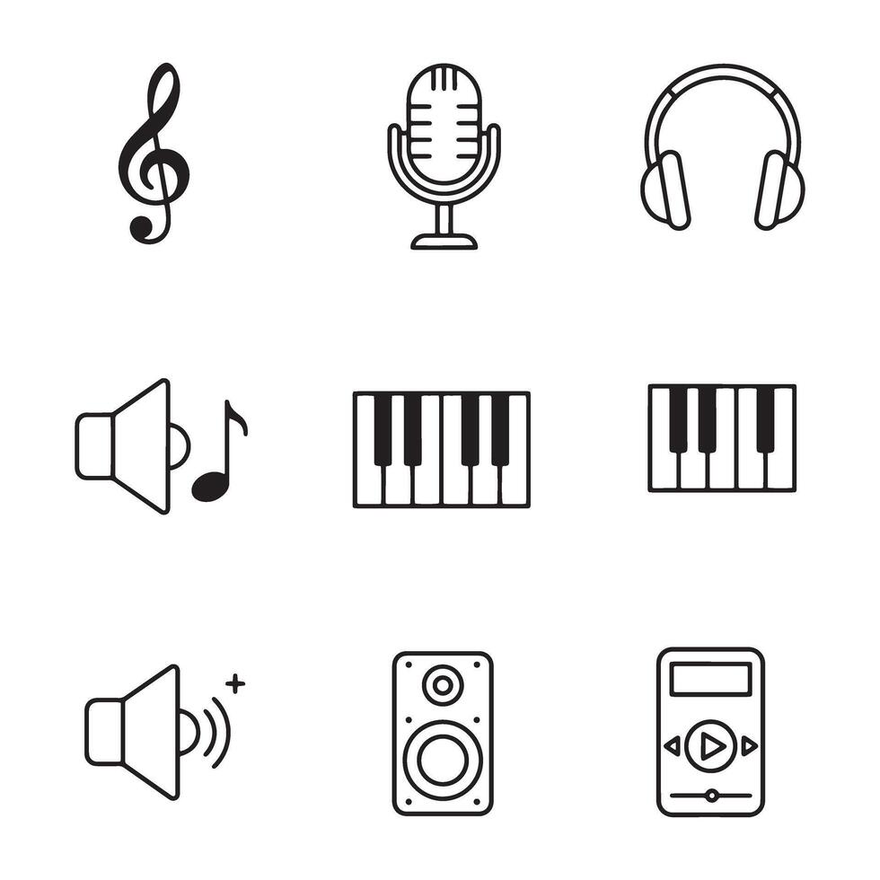 Music tools and audio outline icon collection in a simple clean layout vector