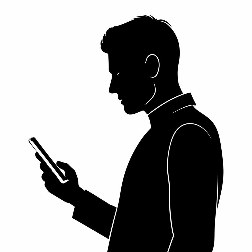 illustration of a silhouette of a man with a smartphone. Using a mobile phone. vector