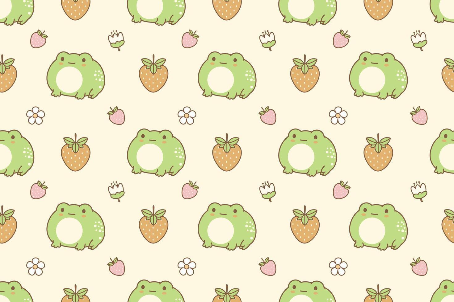 Adorable seamless pattern with green frogs strawberries and cute floral elements in pastel kawaii style vector