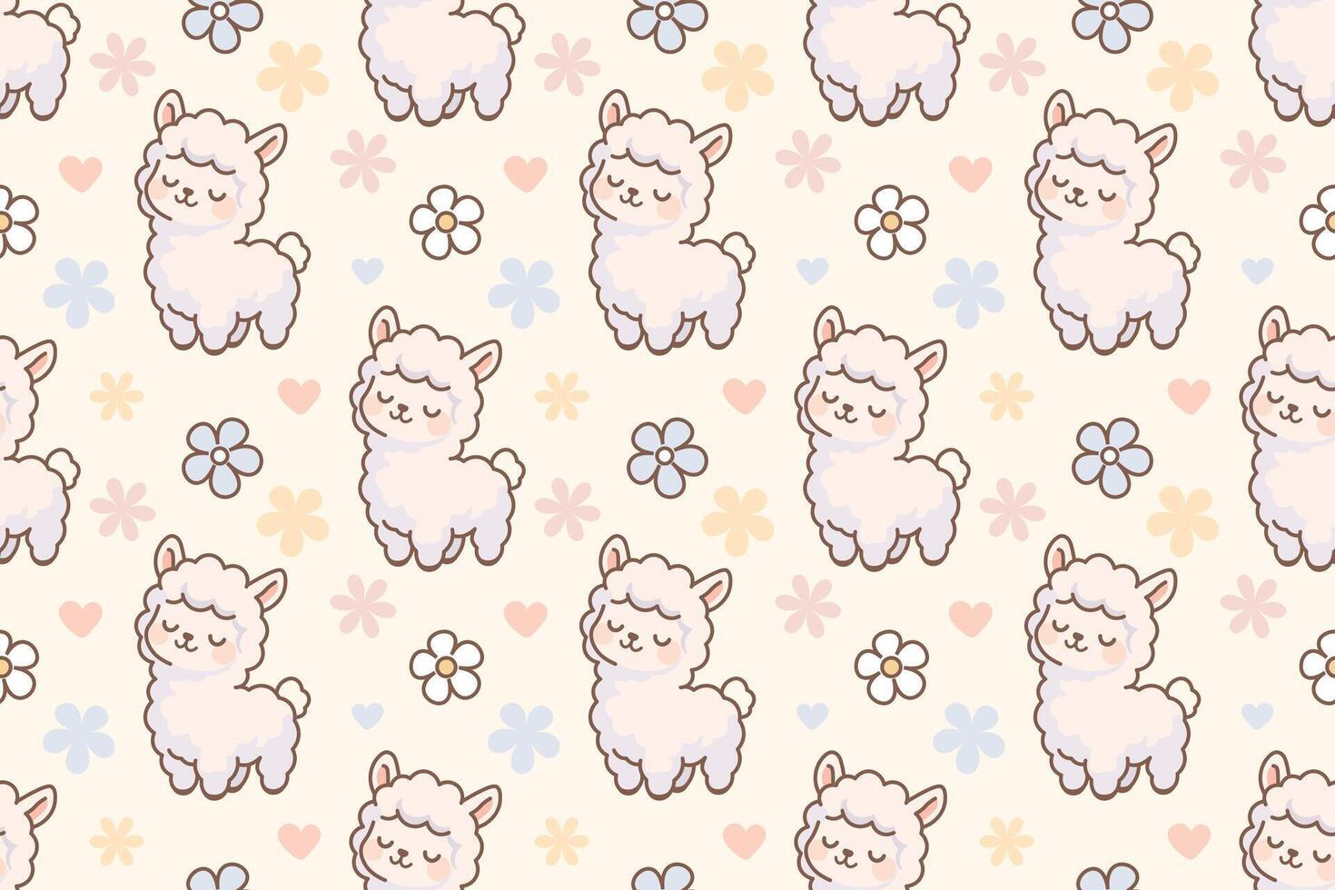 Cute standing alpaca seamless pattern with pastel flowers and hearts soft kawaii design for children prints and fabric vector