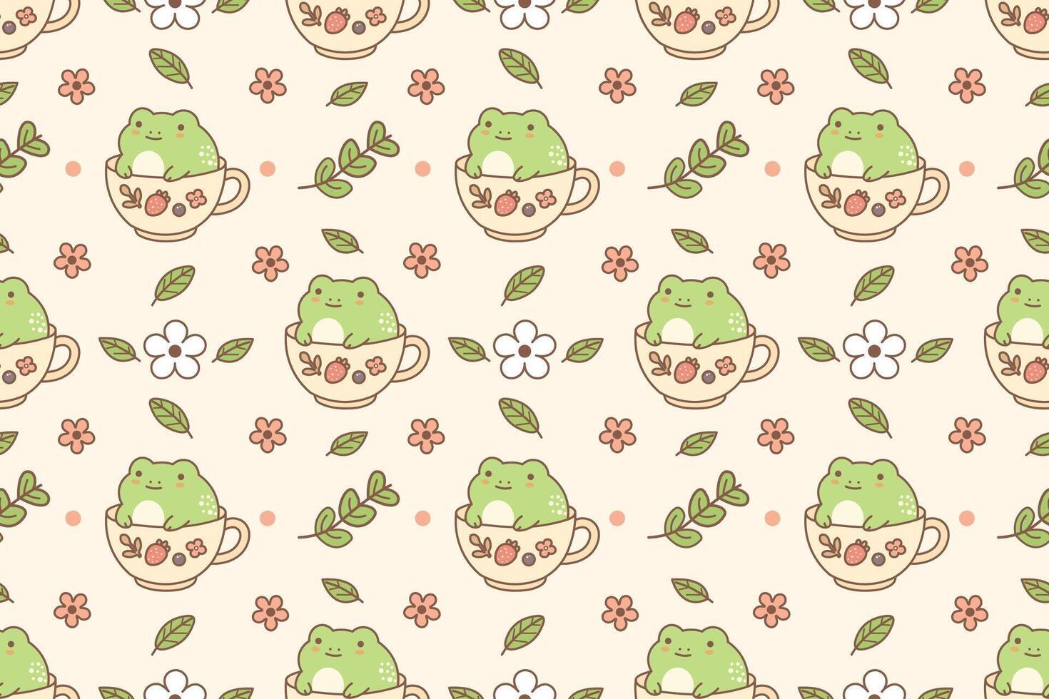 Seamless kawaii pattern with cute green frogs sitting in teacups with leaves and flowers in soft pastel tones vector