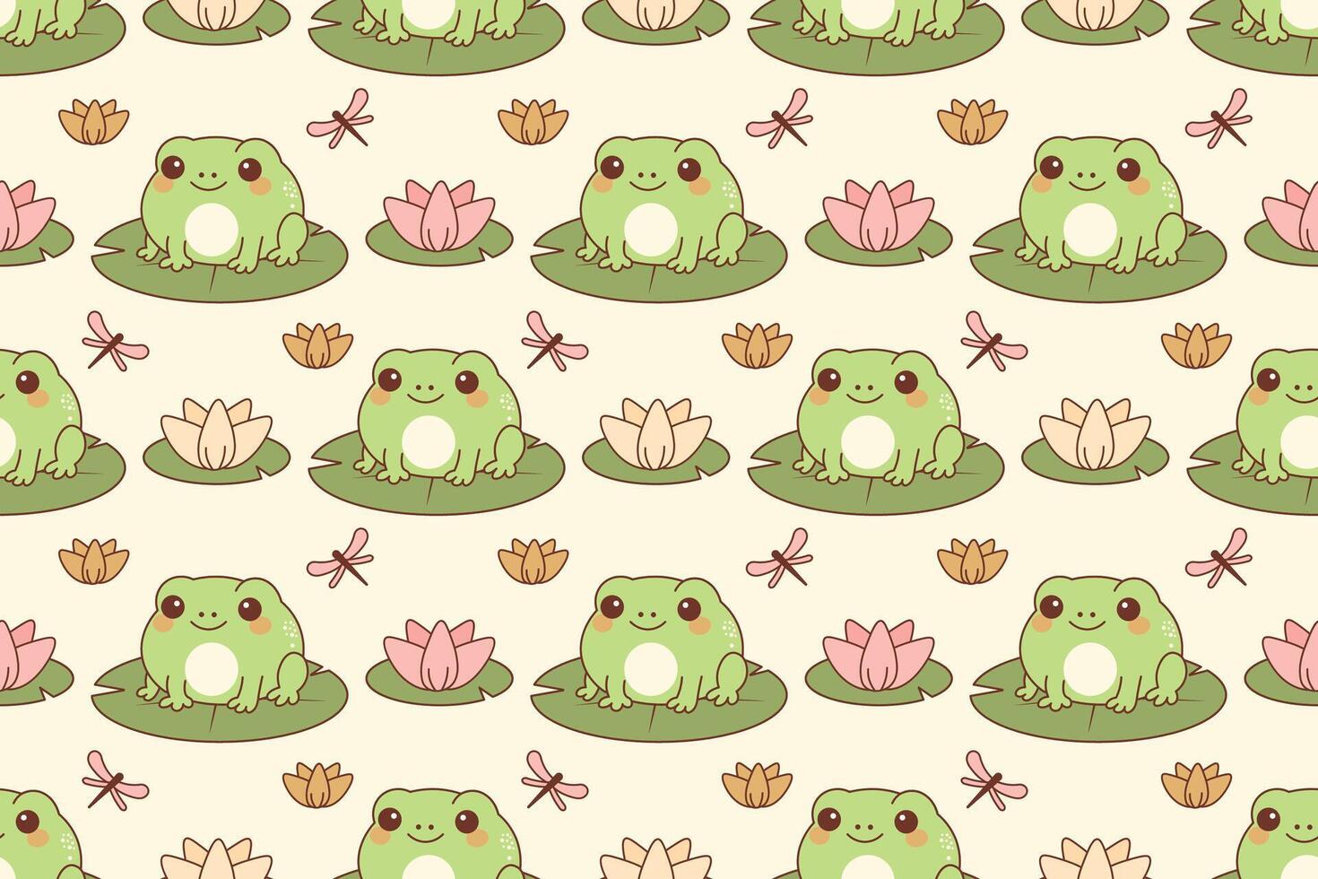 Seamless kawaii frog pattern with lily pads, lotus flowers and dragonflies in pastel green and pink vector