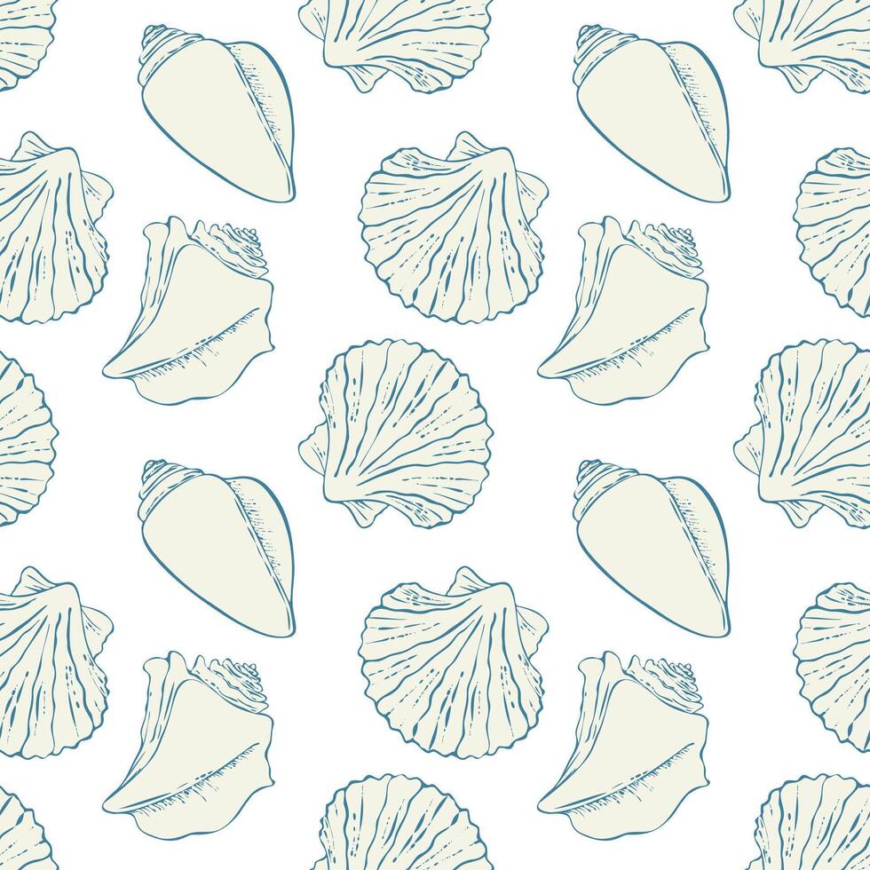 Marine pattern with blue silhouettes of shells - rapana, scallop, cone. Underwater life of the ocean. Tropical vibe. vector