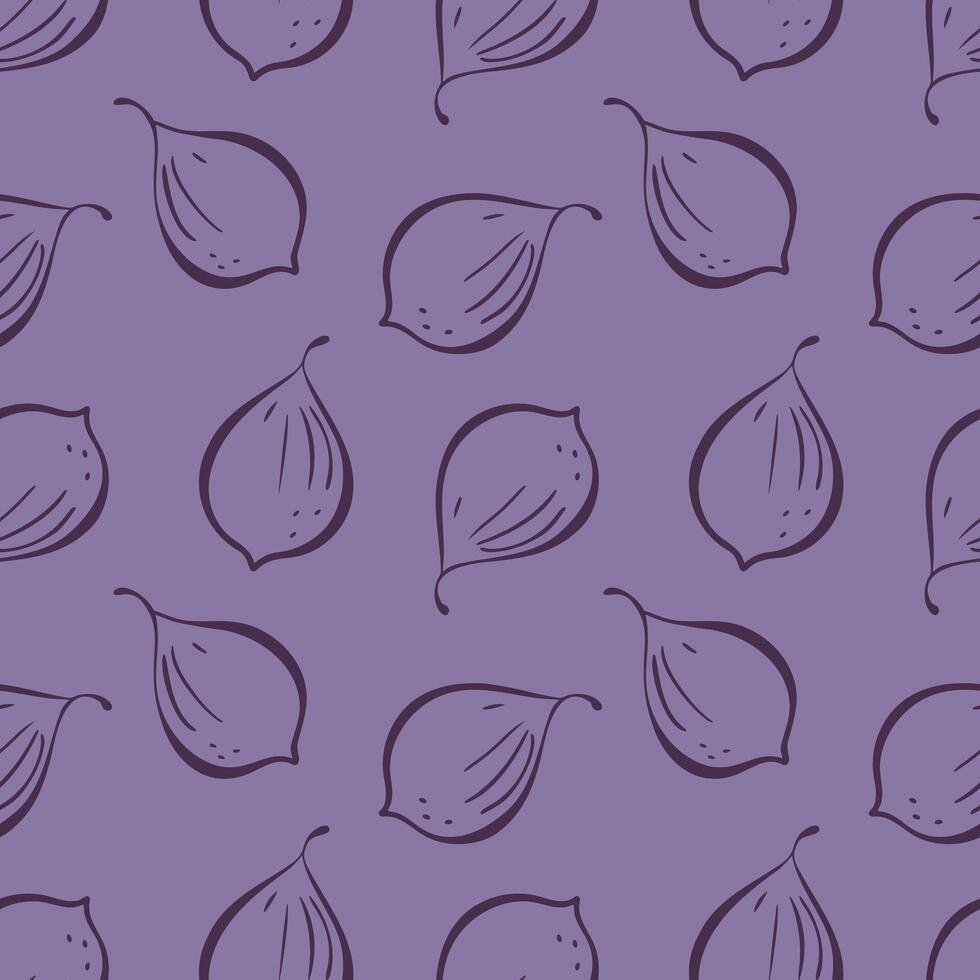 Lilac pattern with figs, contour drawing figs . Packaging, wallpaper, backdrop, label, fruity vibe. vector