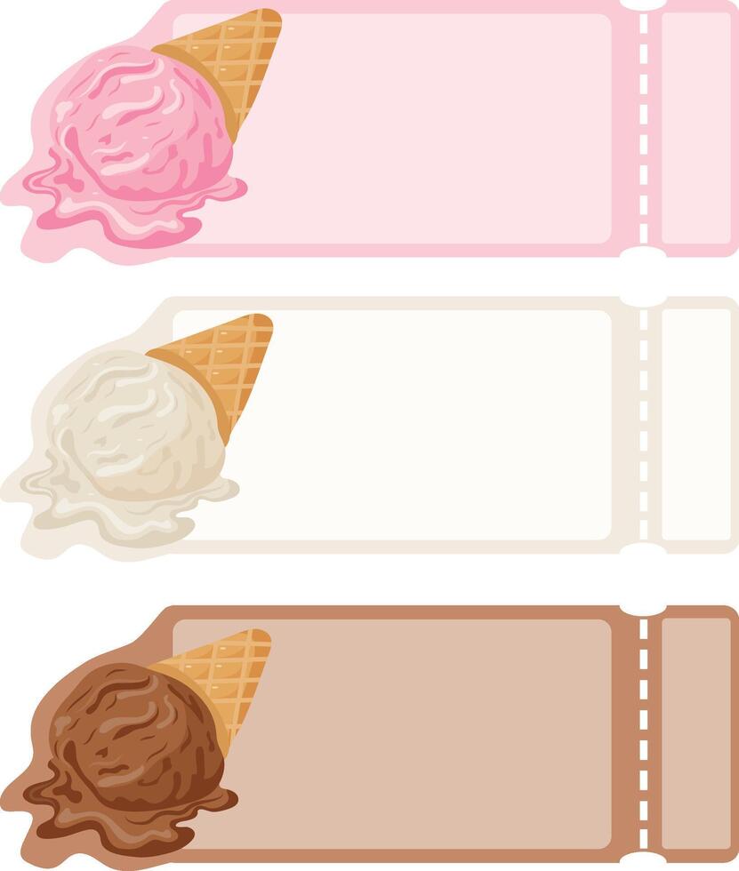 set of templates of various colors with ice cream cones in a waffle cone with different flavors vector