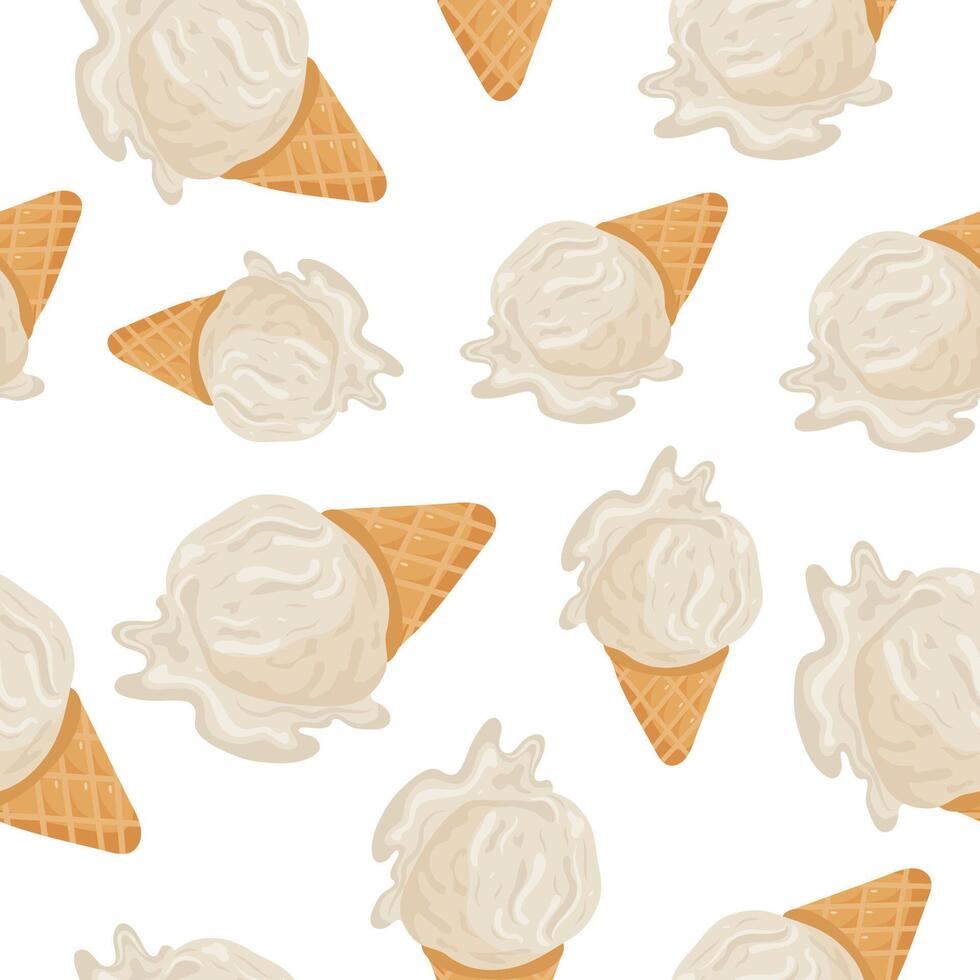 seamless pattern with an icon of a waffle cup with a scoop of white vanilla ice cream melting, for various summer designs vector