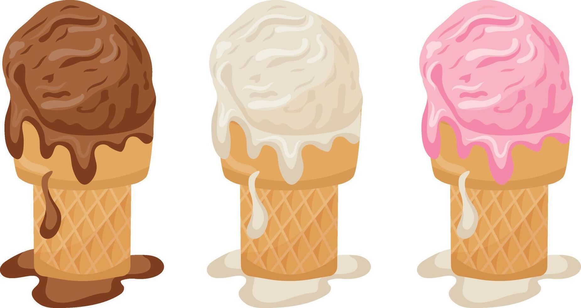 set of assorted ice creams of different flavors and colors in square waffle cups, for various summer designs vector