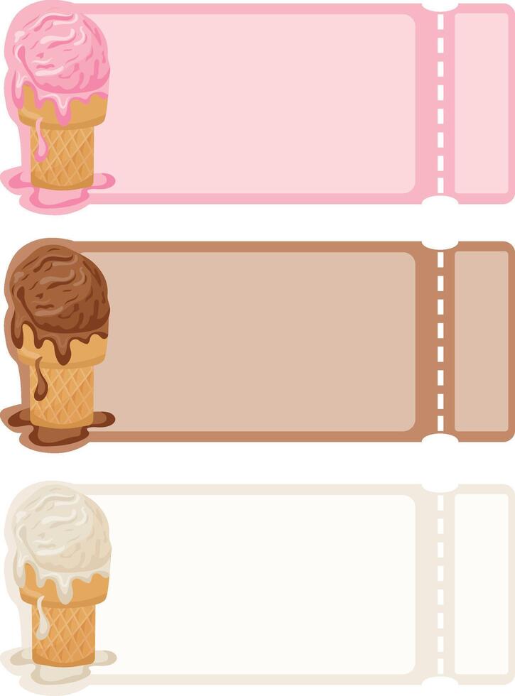 set of coupon templates in different colors with a variety of ice cream in a rectangular waffle cup vector