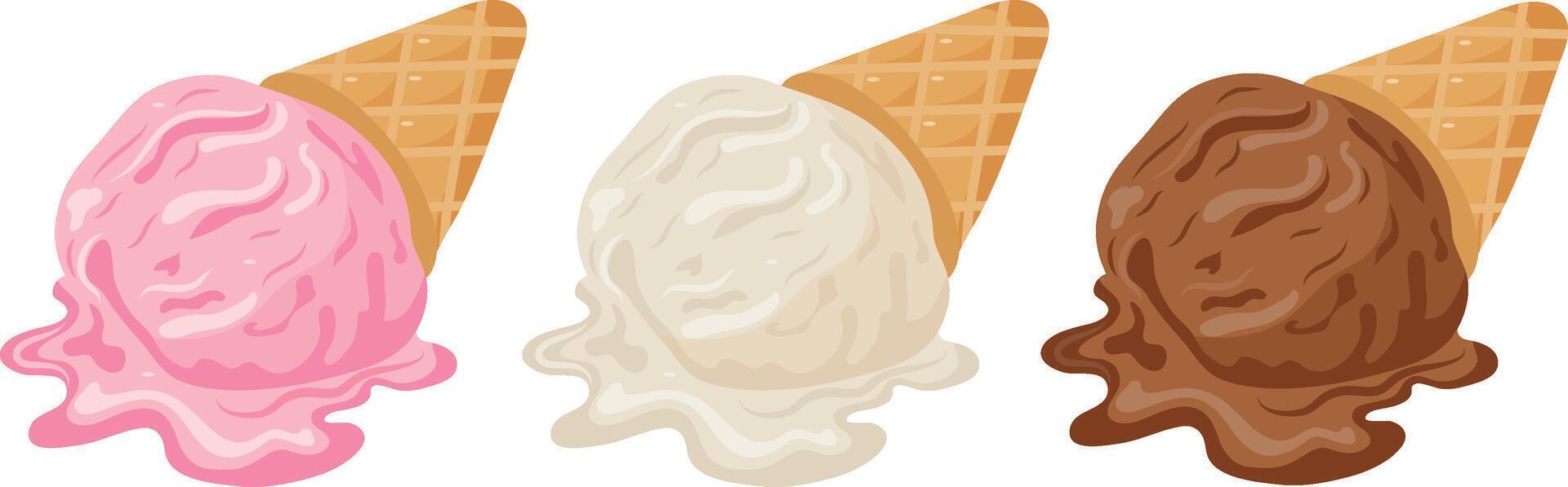 set of assorted ice cream scoops in a waffle cup with different flavors and colors, for a variety of summer designs vector