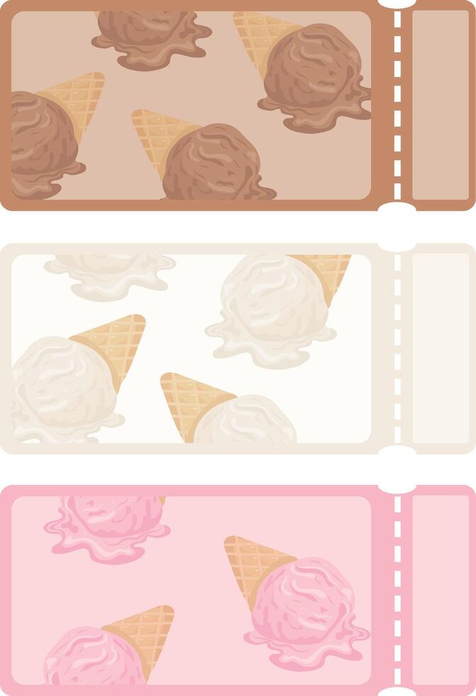 set of templates of various colors with ice cream scoops in a waffle cone with different flavors vector