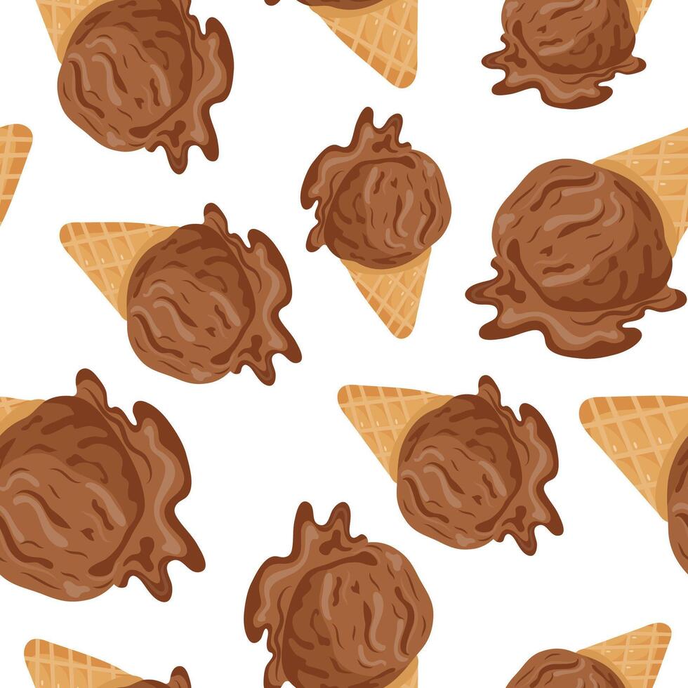 seamless pattern with icon of waffle cup with melting chocolate ice cream scoop for various summer designs vector