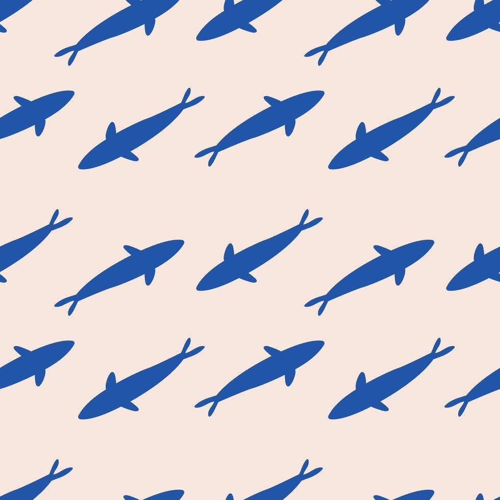Seamless Pattern of Blue Shark Silhouettes on Beige. Blue shark silhouettes on a light beige background. The repetitive design is ideal for ocean themed projects and textiles vector