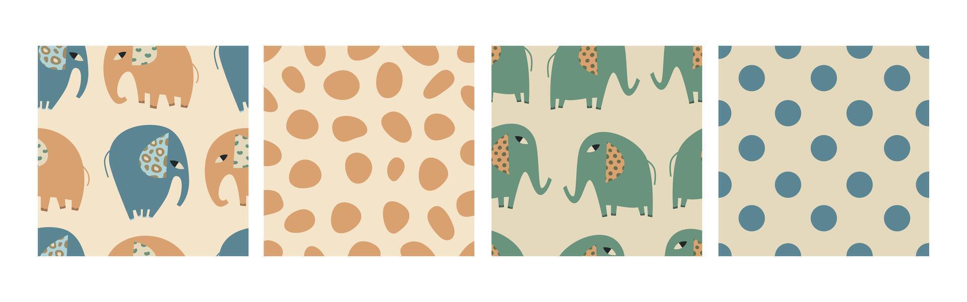 Cute Elephant and Polka Dot Seamless Patterns Set. vector